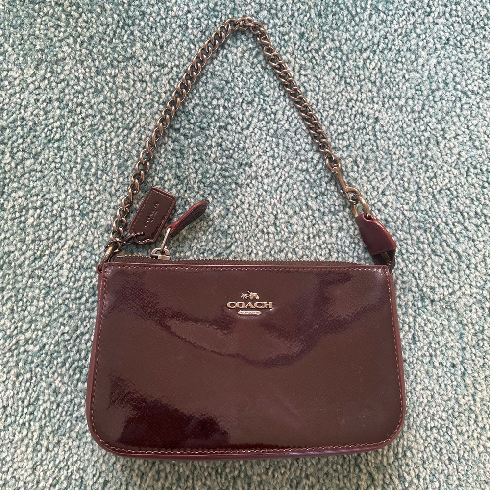 Coach Oxford patent wristlet with gunmetal chain